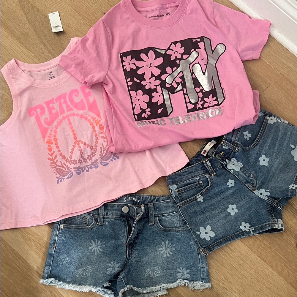 Pink Graphic Kids Shirts and denim shorts, Girl 10-14